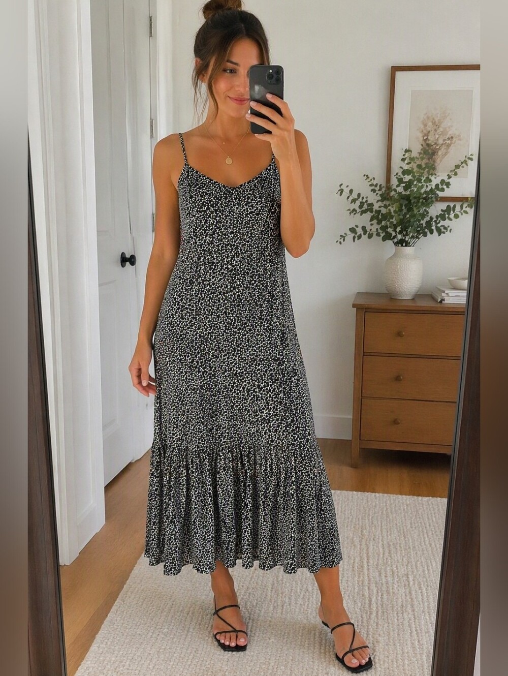 Anthropologie Black White Abstract Animal Print Maxi Dress Smocked Back Sz 14